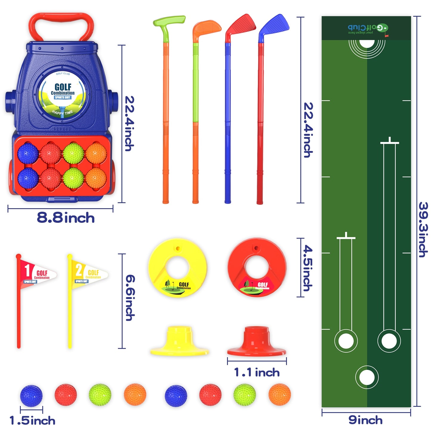 Golf Set with 6 Balls 4 Golf Sticks, 2 Practice Holes and a Putting Matt for Boys 2+ Years Old