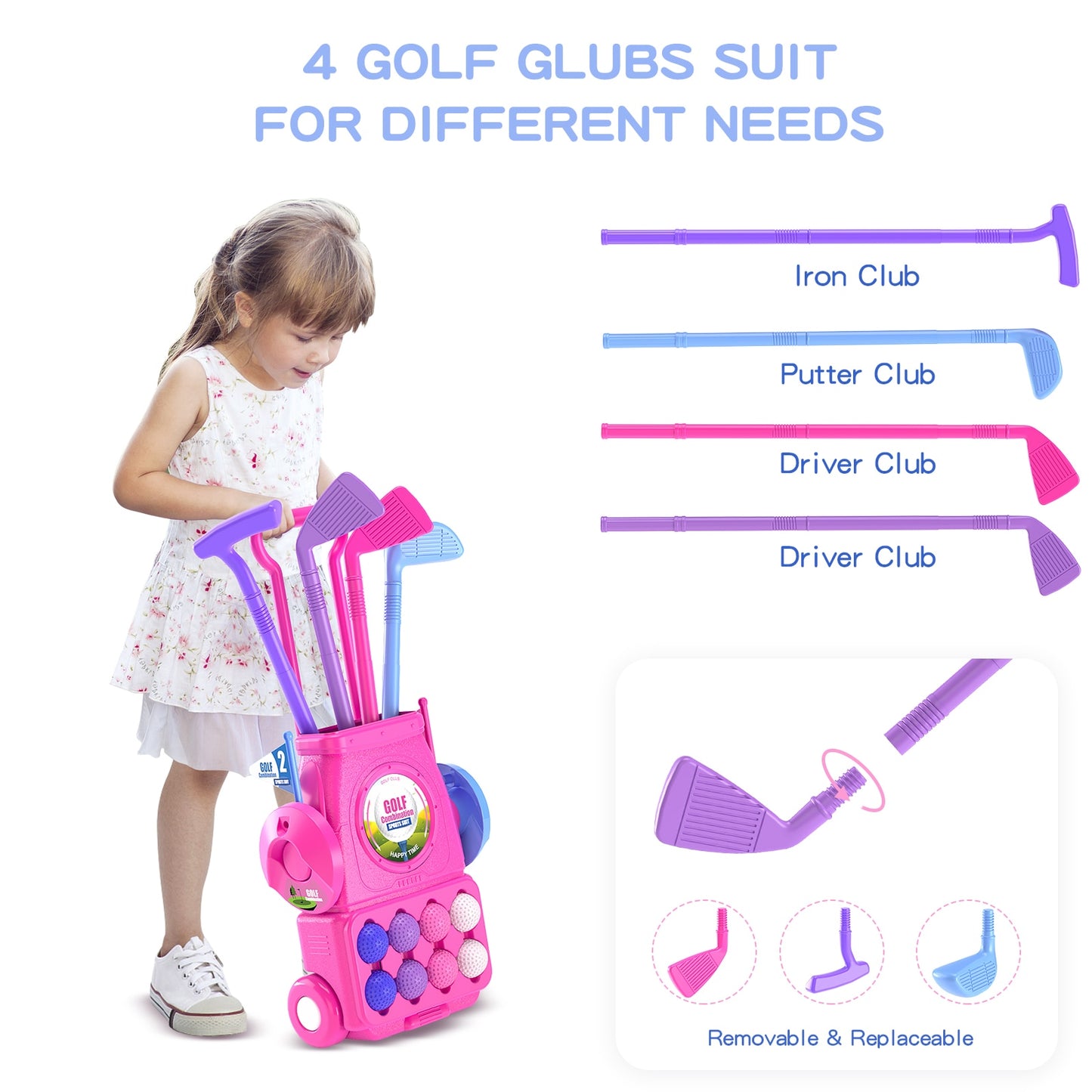 Golf Set with 6 Balls 4 Golf Sticks, 2 Practice Holes and a Putting Matt for Girls 2+ Years Old