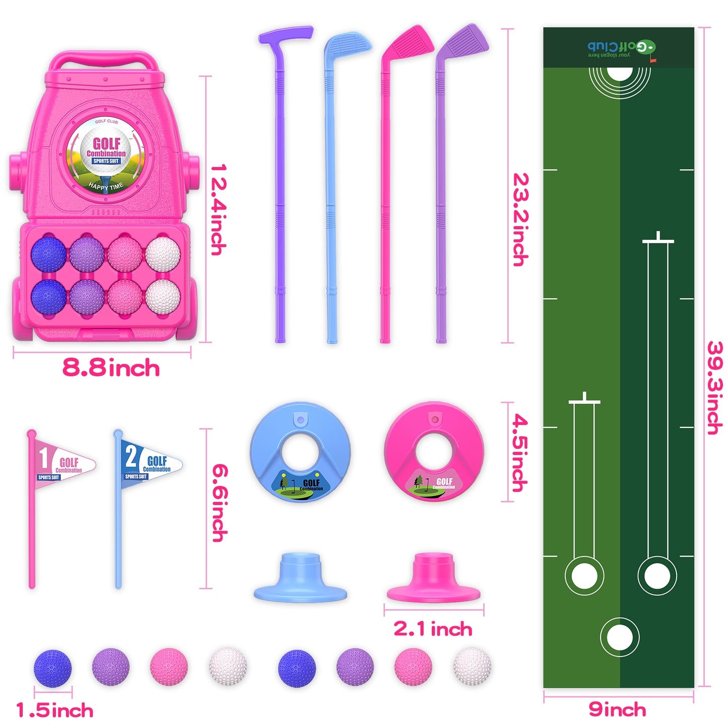 Golf Set with 6 Balls 4 Golf Sticks, 2 Practice Holes and a Putting Matt for Girls 2+ Years Old