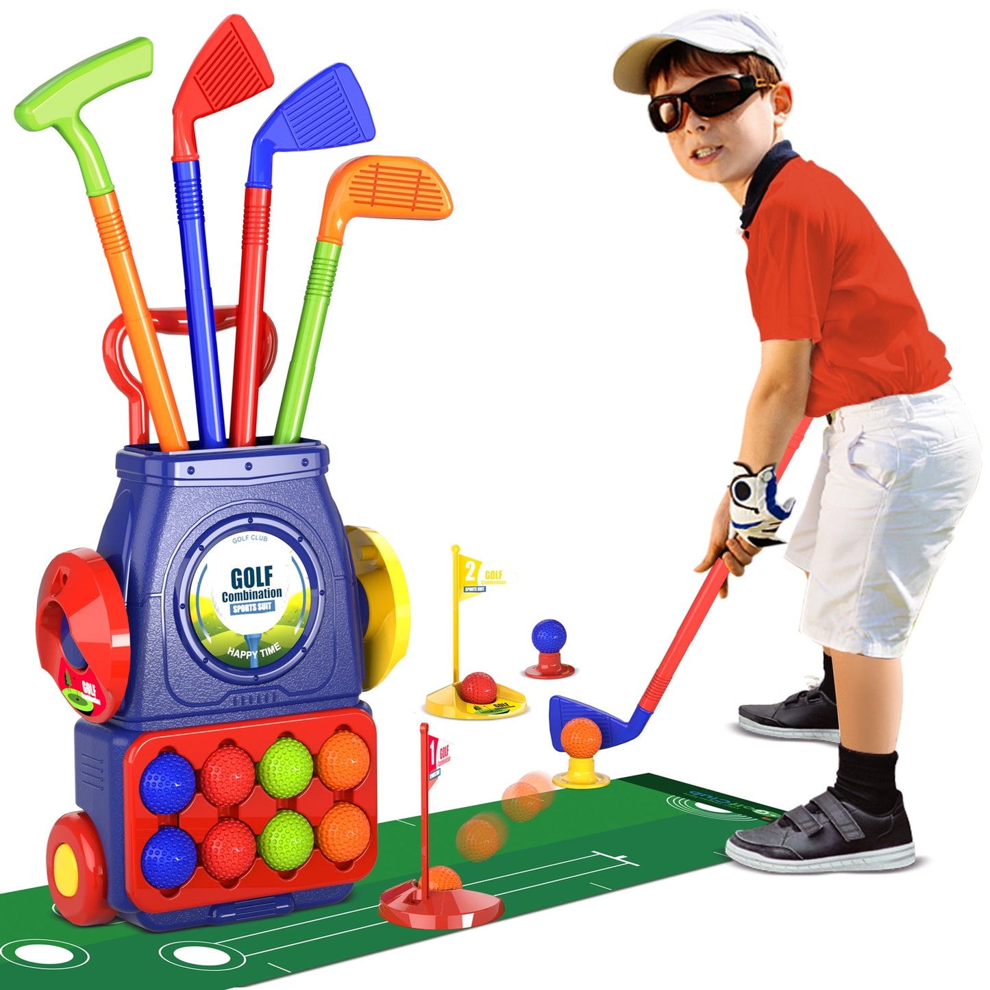 Golf Set with 6 Balls 4 Golf Sticks, 2 Practice Holes and a Putting Matt for Boys 2+ Years Old